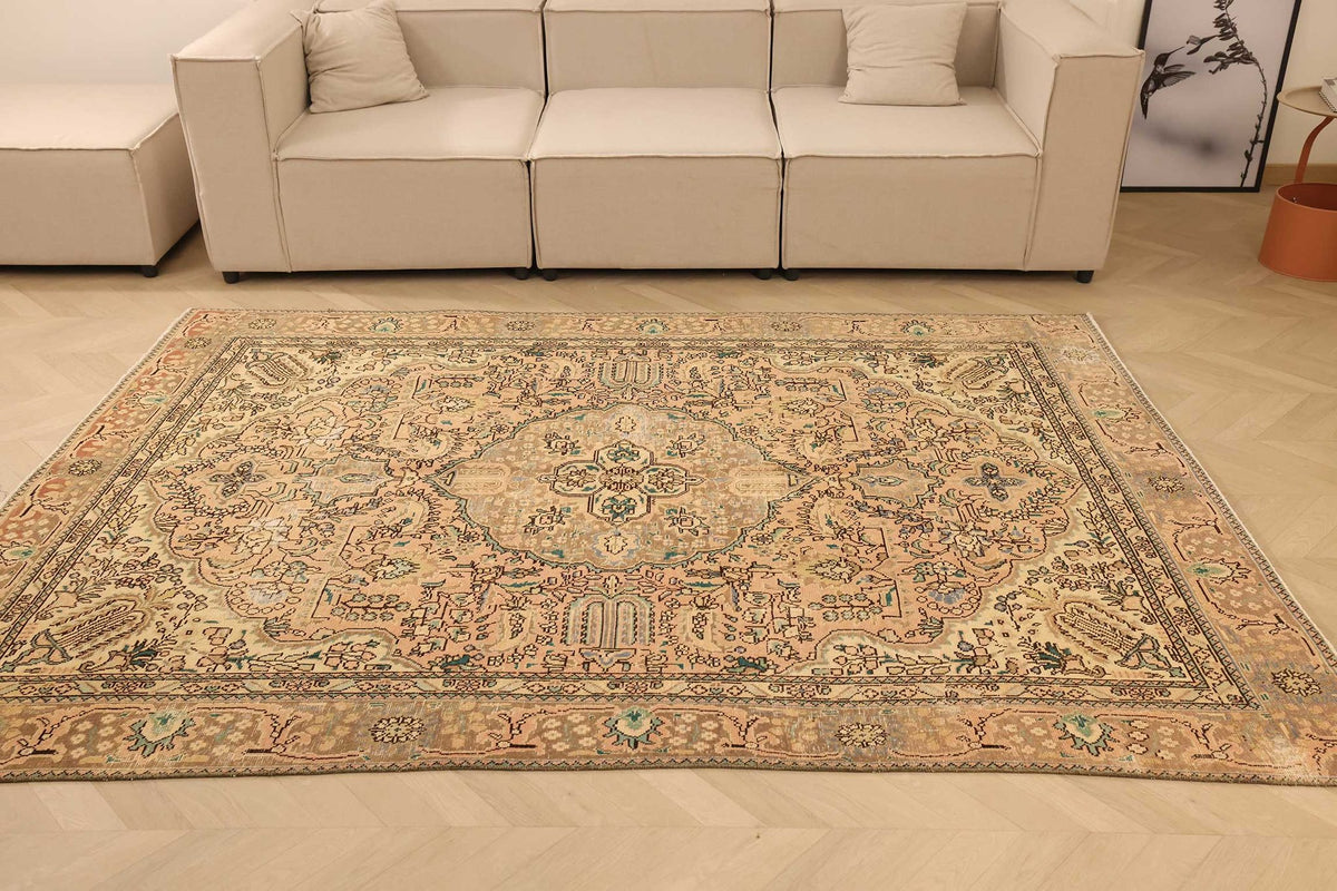 Vintage Southeastern Persian Style Area Rug 6x9 ft — Beige & Brown Medallion