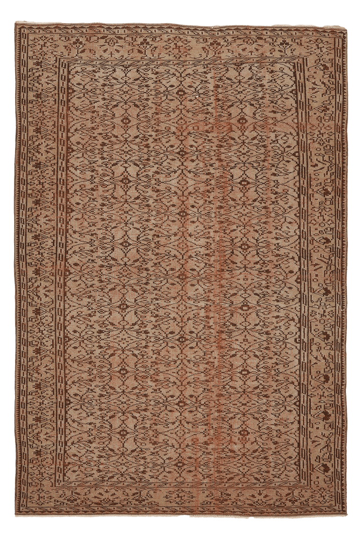Vintage Manisa Turkish Area Rug 6x8 ft — Beige & Brown Floral