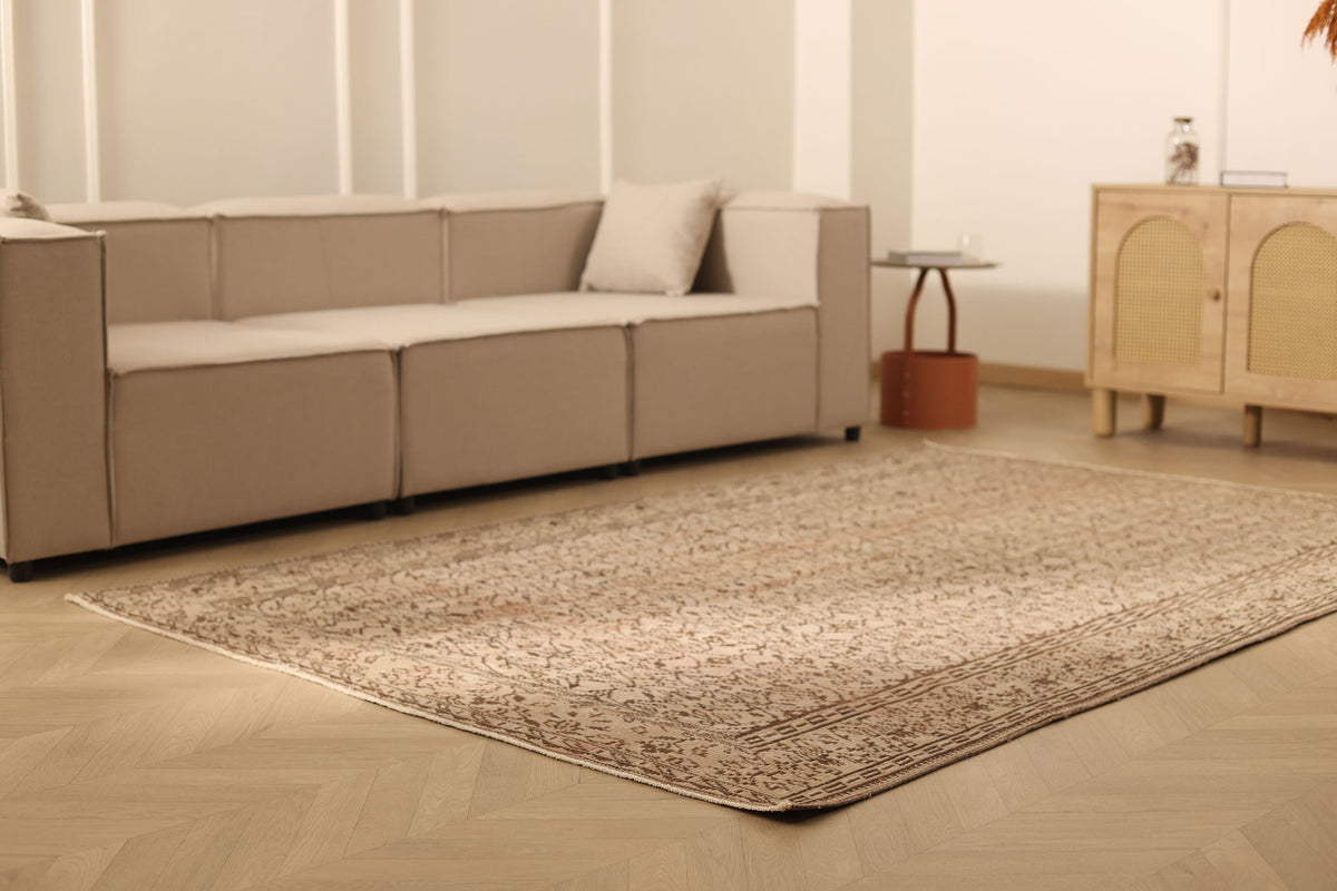 Vintage Manisa Turkish Area Rug 6x8 ft — Beige & Brown Floral