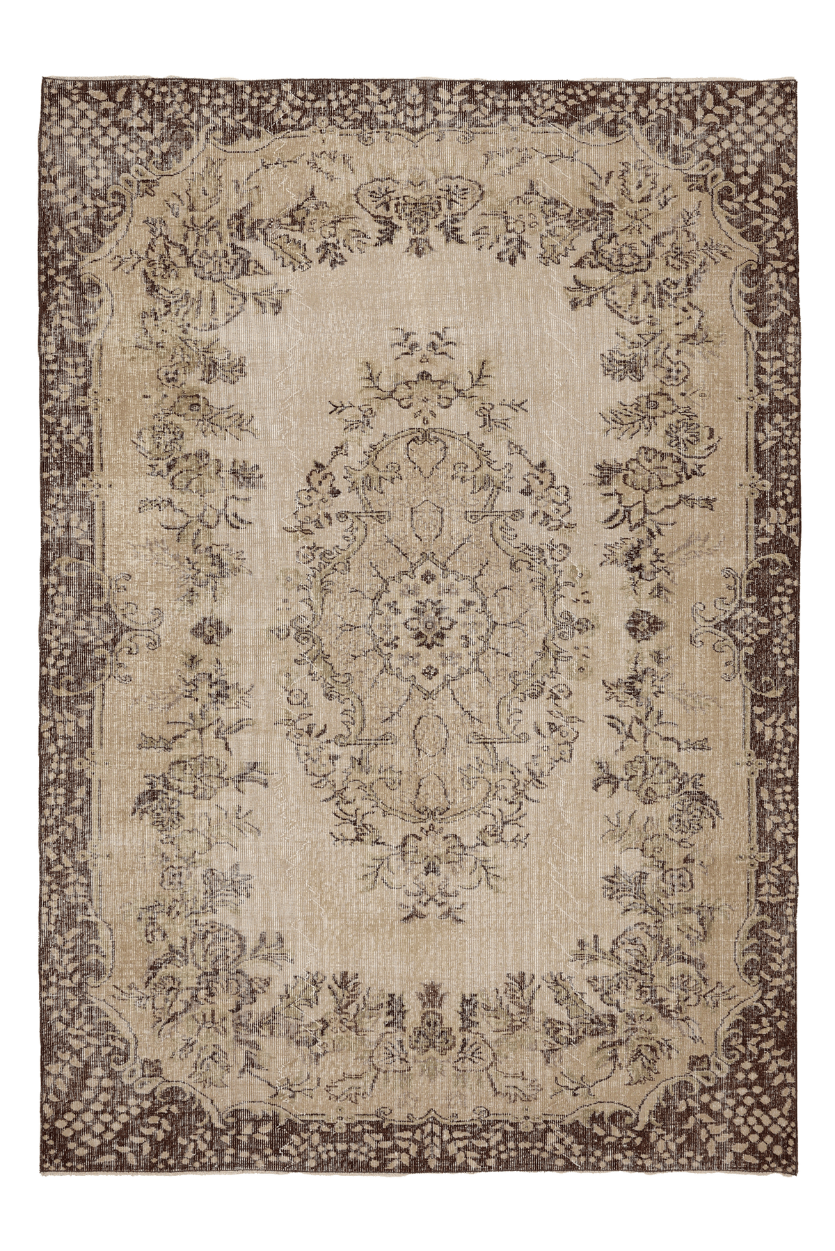 Vintage Isparta Turkish Area Rug 6x9 ft — Beige & Brown Floral (No. 62829)