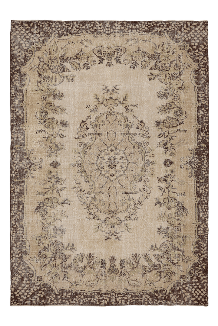 Vintage Isparta Turkish Area Rug 6x9 ft — Beige & Brown Floral (No. 62829)