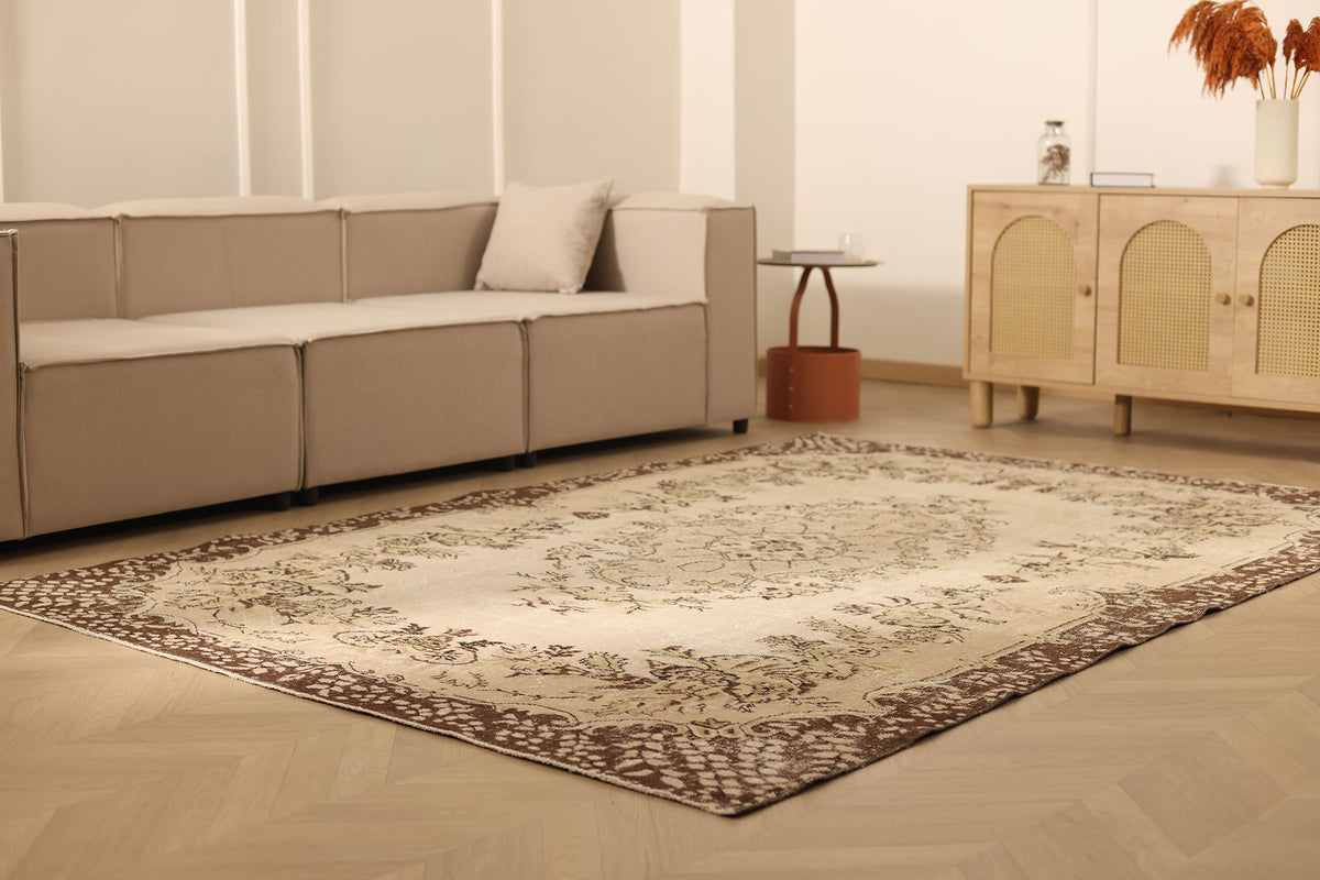 Vintage Isparta Turkish Area Rug 6x9 ft — Beige & Brown Floral (No. 62829)