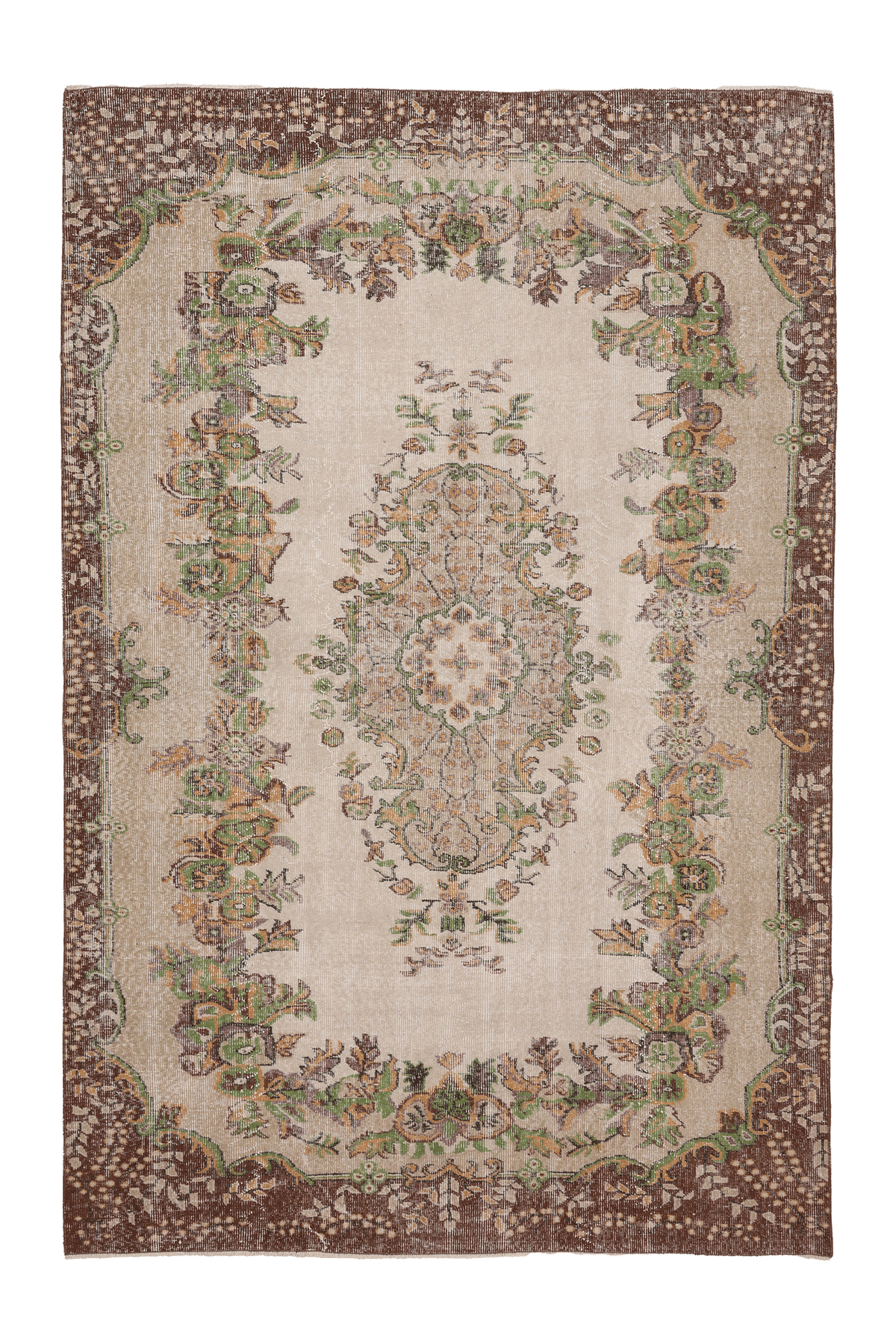 Vintage Isparta Turkish Area Rug 6x9 ft — Beige & Brown Floral (No. 62831)