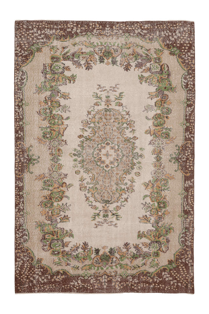 Vintage Isparta Turkish Area Rug 6x9 ft — Beige & Brown Floral (No. 62831)
