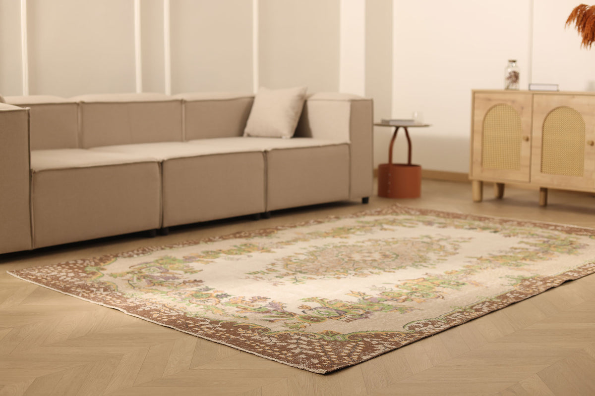 Vintage Isparta Turkish Area Rug 6x9 ft — Beige & Brown Floral (No. 62831)