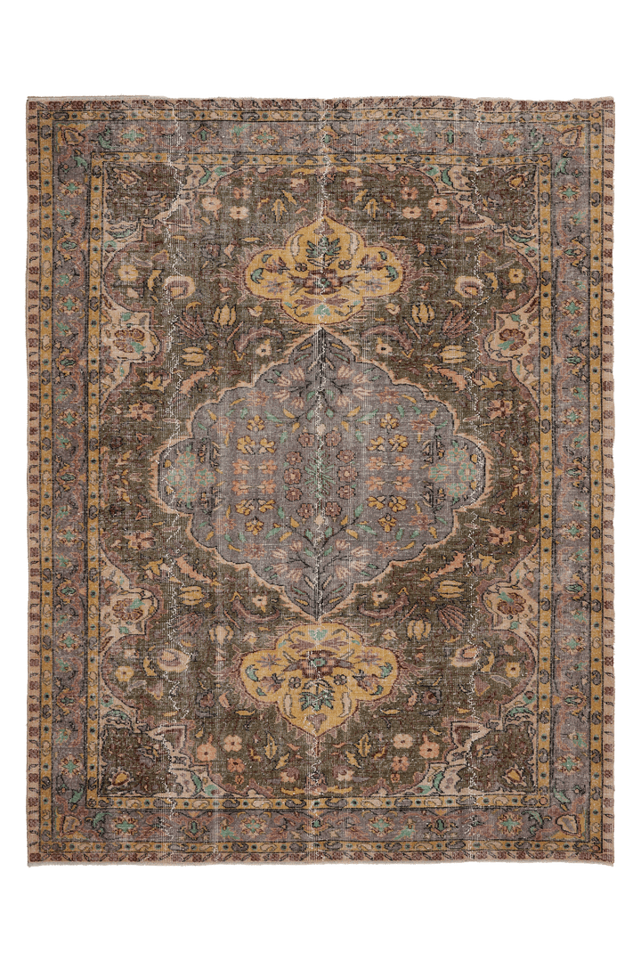 Vintage Isparta Turkish Area Rug 6x8 ft — Green & Yellow Floral