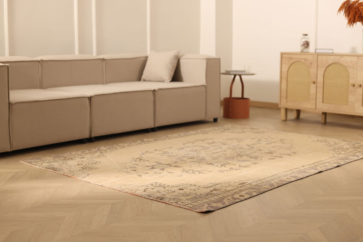 Vintage Manisa Turkish Area Rug 5x7 ft — Beige & Brown Floral