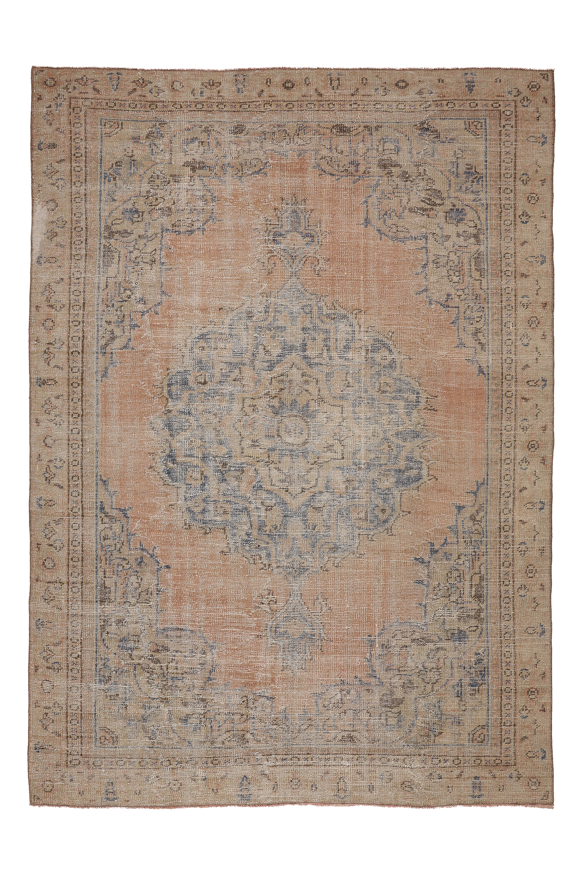 A distressed vintage-style oriental rug with a central medallion, featuring a dusty peach-pink field, faded blue motifs, and a beige border.