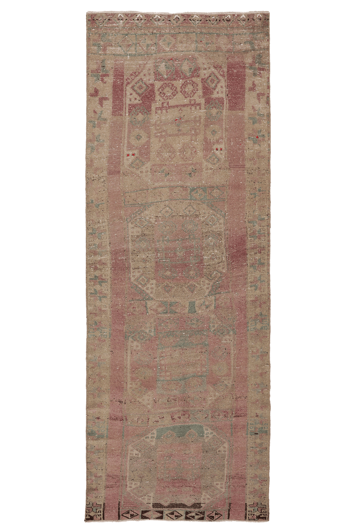 Vintage Malatya Turkish Runner Rug 3x9 ft — Beige & Pink Geometric
