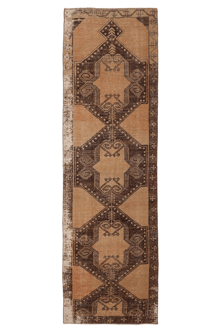 Vintage Malatya Turkish Runner Rug 3x11 ft — Brown & Beige Geometric (No. 62847)