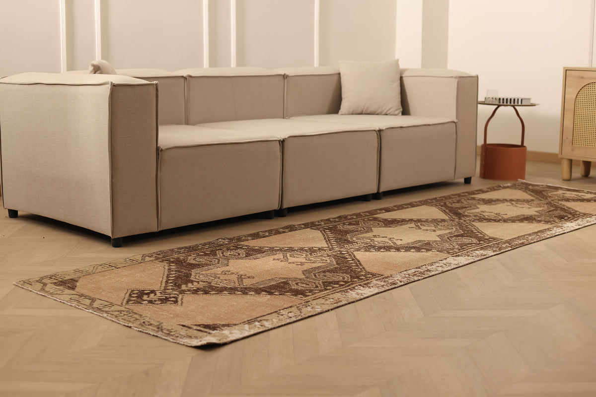 Vintage Malatya Turkish Runner Rug 3x11 ft — Brown & Beige Geometric (No. 62847)