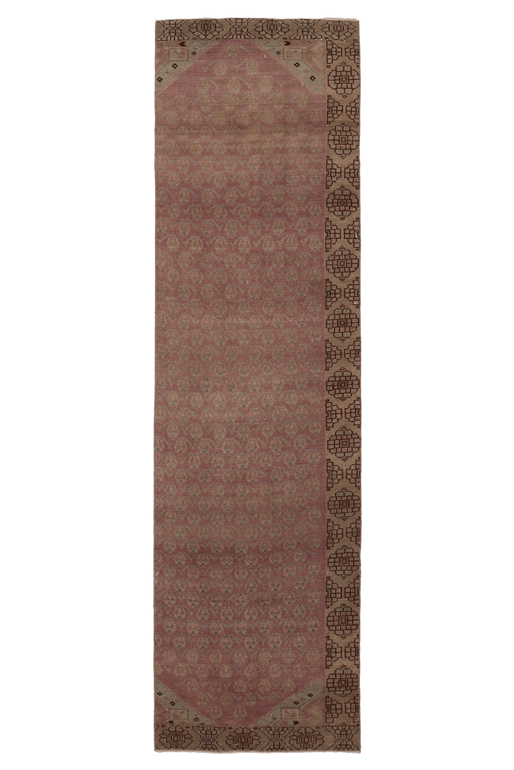 Vintage Malatya Turkish Runner Rug 3x11 ft — Pink & Brown Geometric (No. 62851)