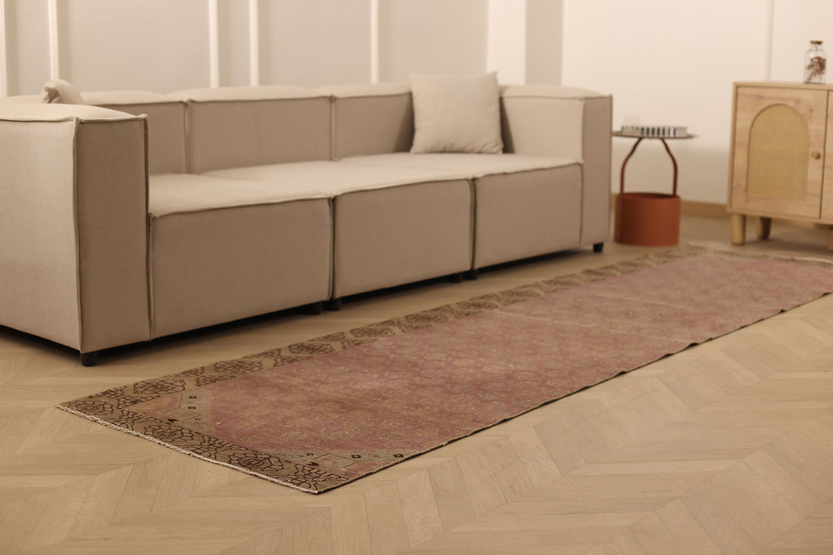 Vintage Malatya Turkish Runner Rug 3x11 ft — Pink & Brown Geometric (No. 62851)
