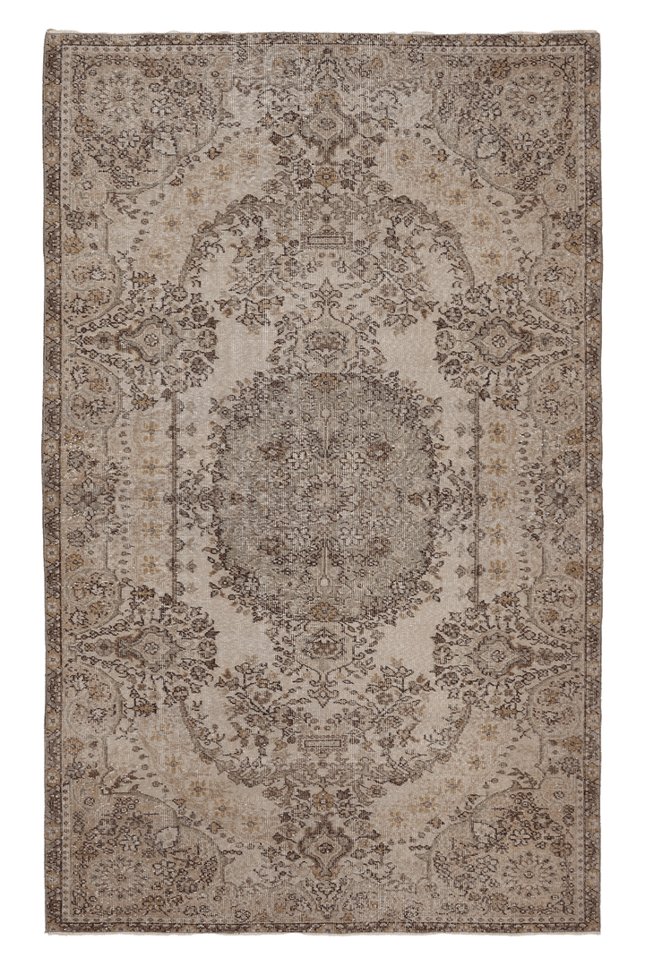 Vintage Isparta Turkish Area Rug 5x8 ft — Beige & Brown Floral (No. 62860)