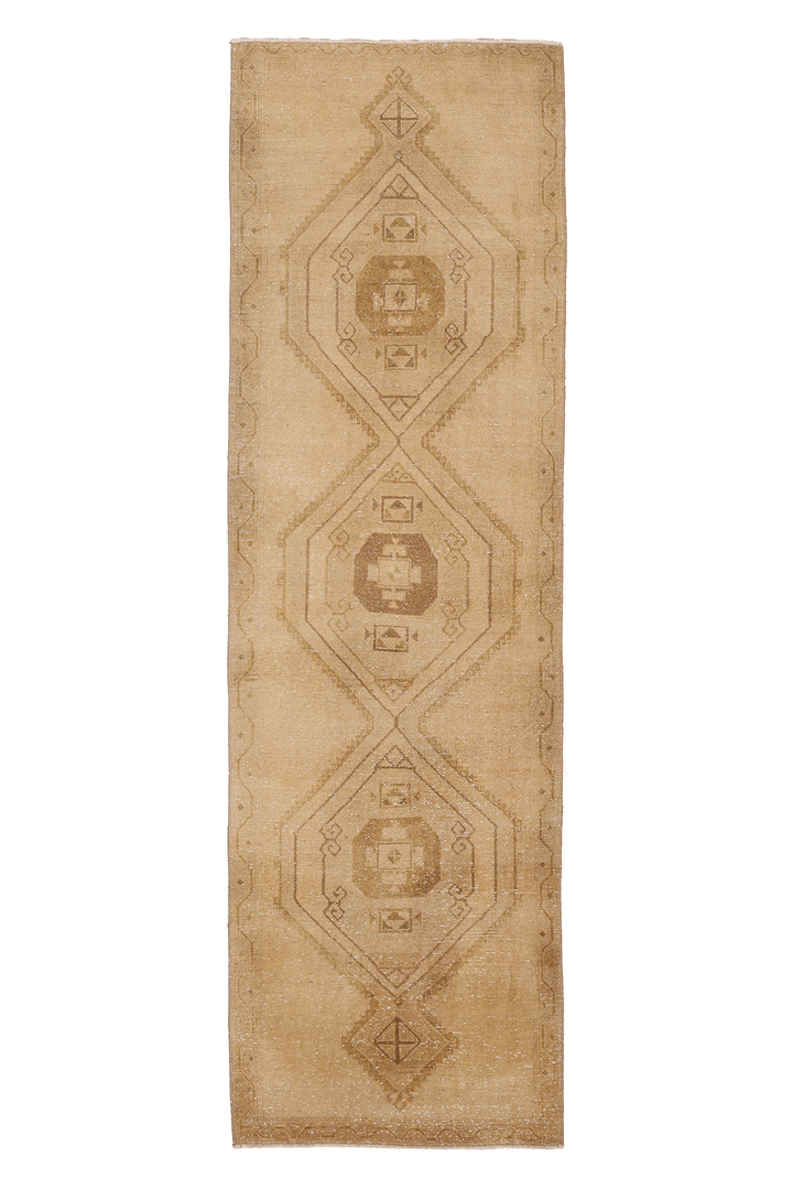 Vintage Malatya Turkish Runner Rug 3x10 ft — Beige & Brown Geometric (No. 62865)