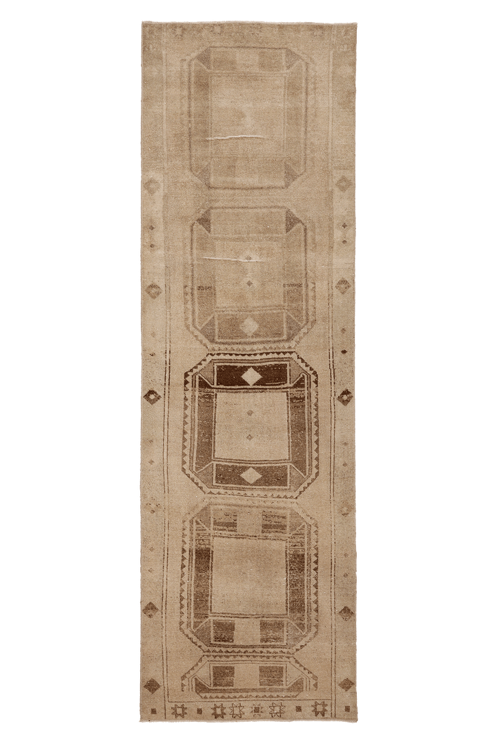 Vintage Malatya Turkish Runner Rug 3x11 ft — Beige & Brown Geometric