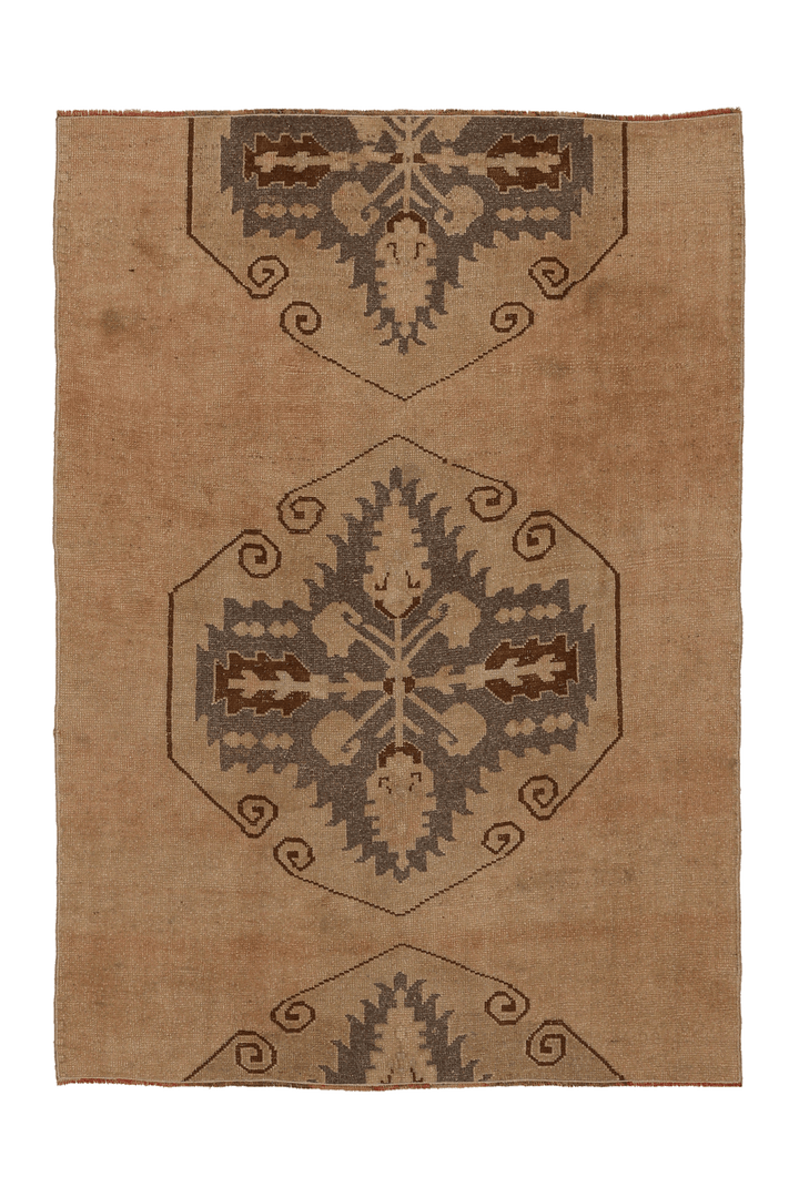 Vintage Malatya Turkish Doormat 3x5 ft — Beige & Brown Geometric