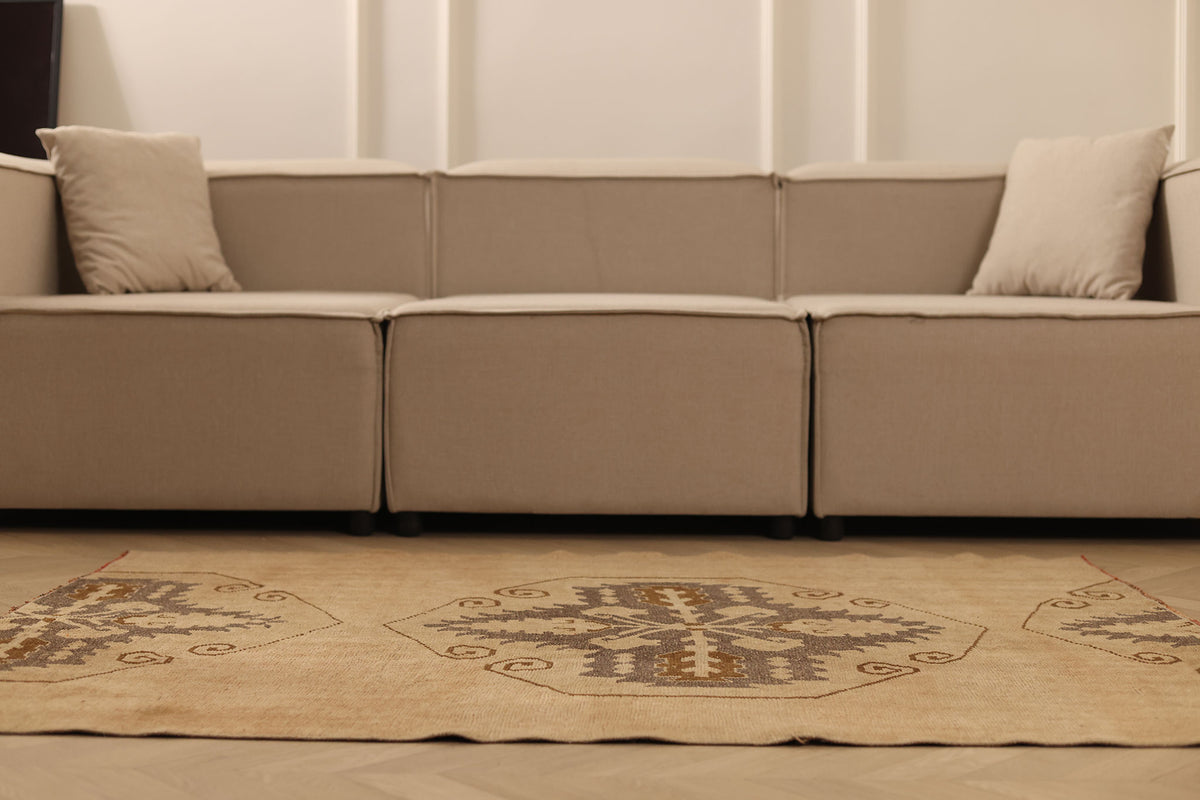 Vintage Malatya Turkish Doormat 3x5 ft — Beige & Brown Geometric