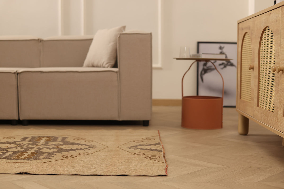 Vintage Malatya Turkish Doormat 3x5 ft — Beige & Brown Geometric