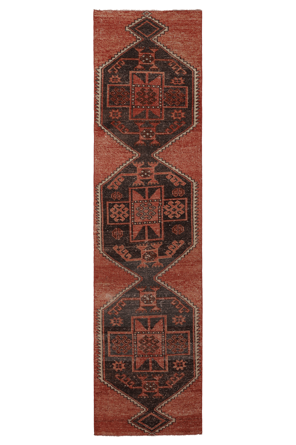 Vintage Malatya Turkish Runner Rug 2x10 ft — Red & Brown Geometric (No. 62873)
