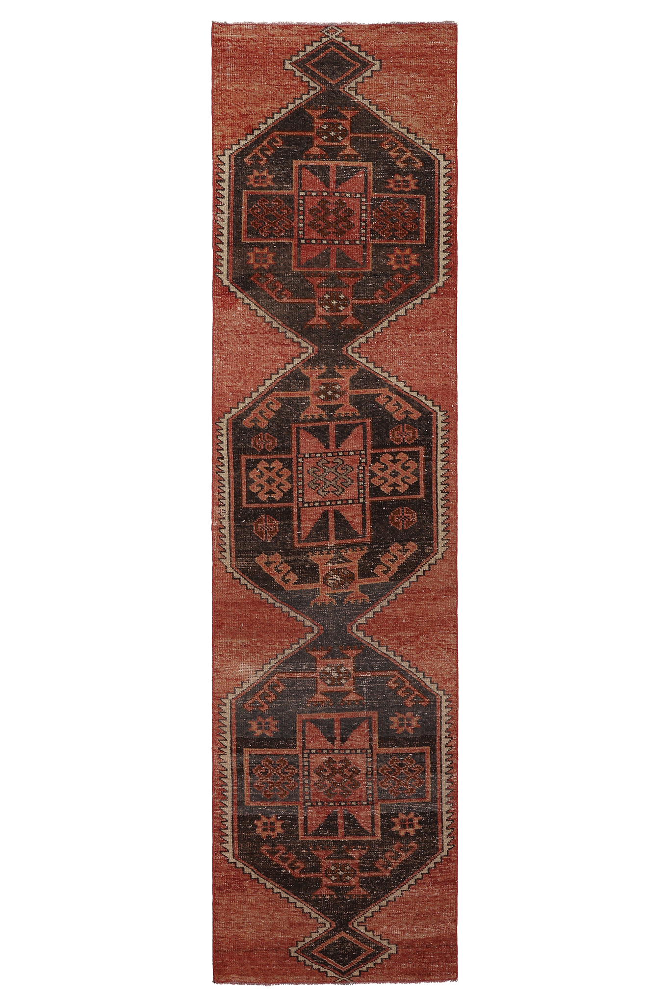Vintage Malatya Turkish Runner Rug 2x10 ft — Red & Brown Geometric (No. 62873)