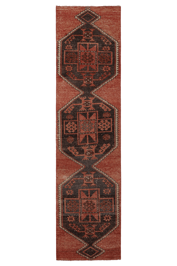 Vintage Malatya Turkish Runner Rug 2x10 ft — Red & Brown Geometric (No. 62873)