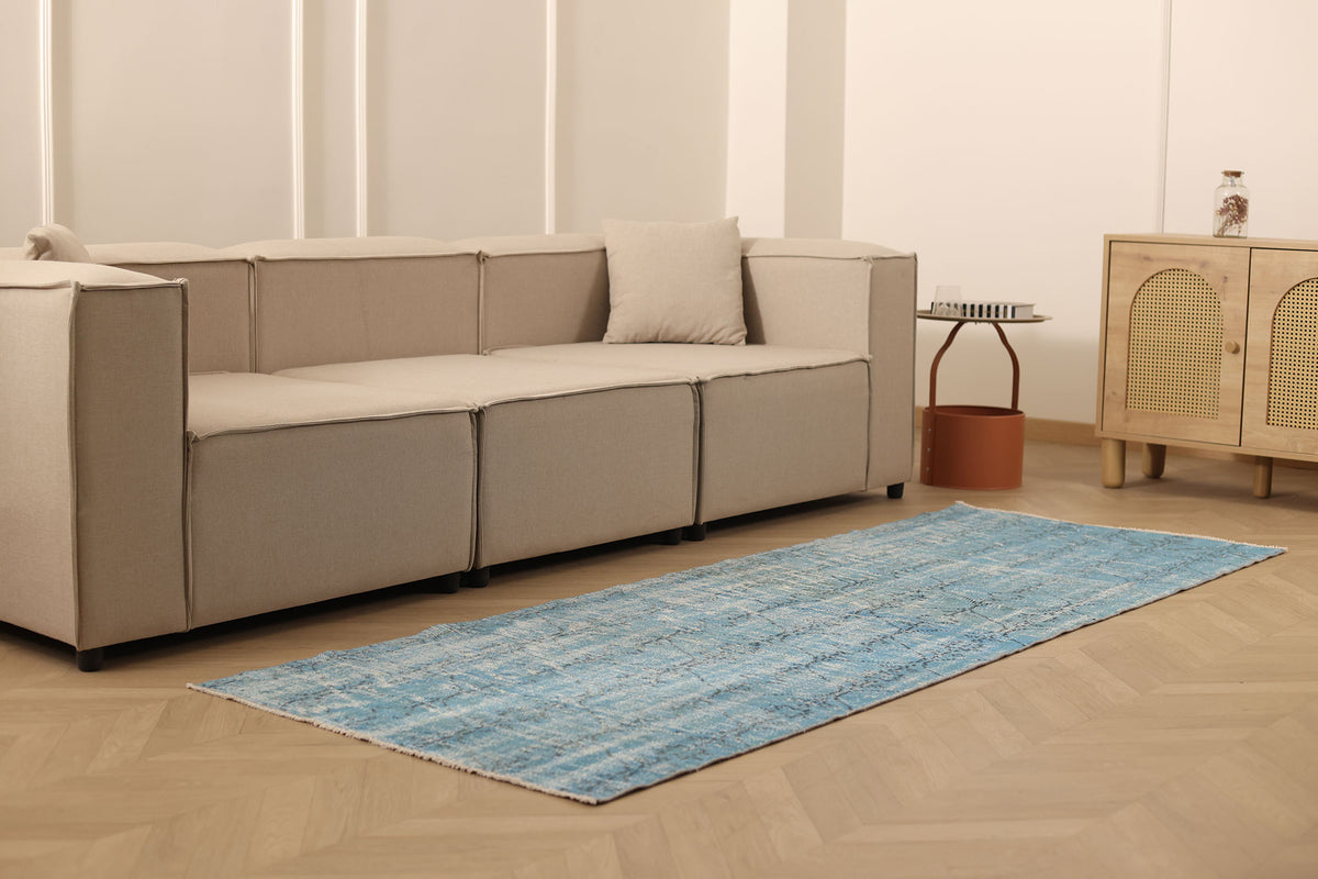 Vintage Manisa Turkish Runner Rug 3x8 ft — Blue Overdyed