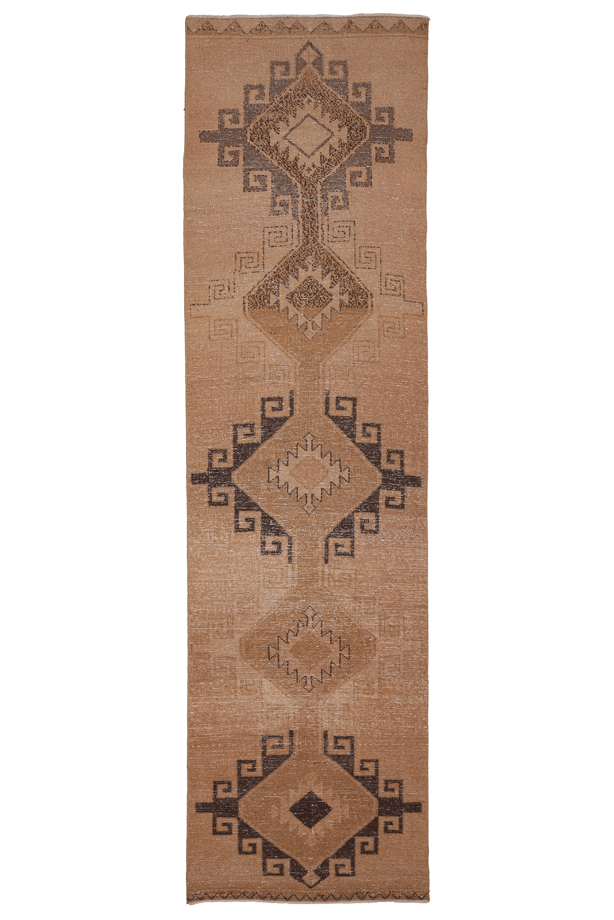 Vintage Malatya Turkish Runner Rug 3x13 ft — Beige & Brown Geometric