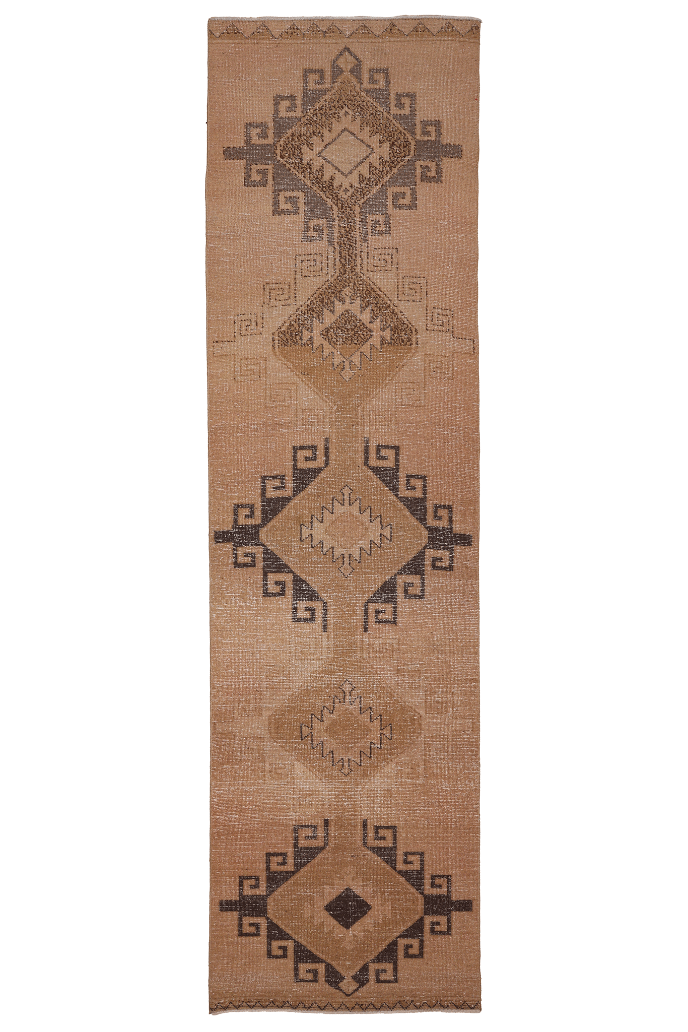 Vintage Malatya Turkish Runner Rug 3x13 ft — Beige & Brown Geometric