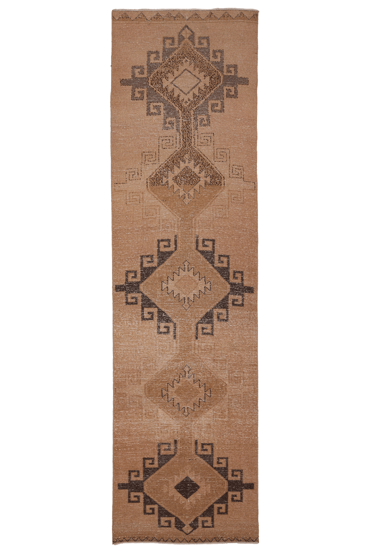 Vintage Malatya Turkish Runner Rug 3x13 ft — Beige & Brown Geometric