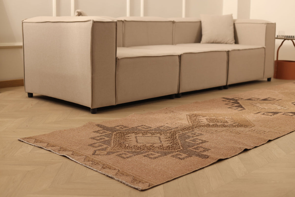 Vintage Malatya Turkish Runner Rug 3x13 ft — Beige & Brown Geometric