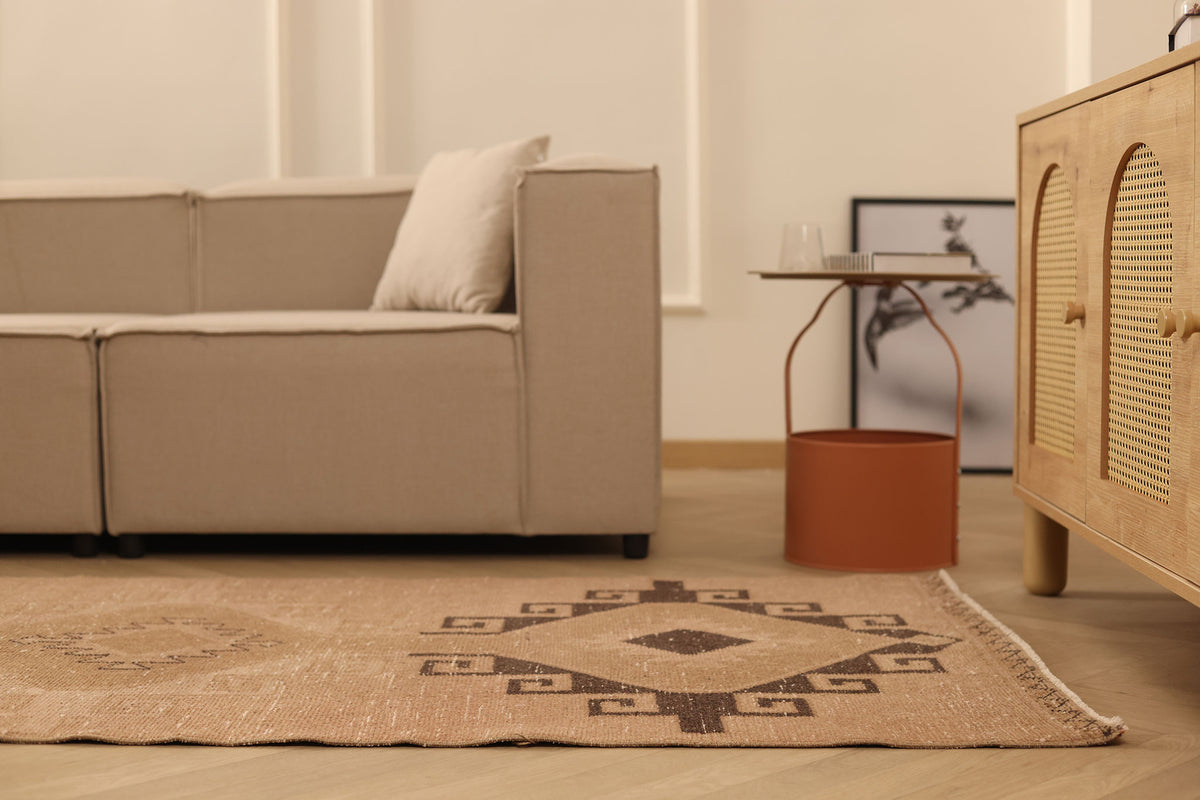 Vintage Malatya Turkish Runner Rug 3x13 ft — Beige & Brown Geometric