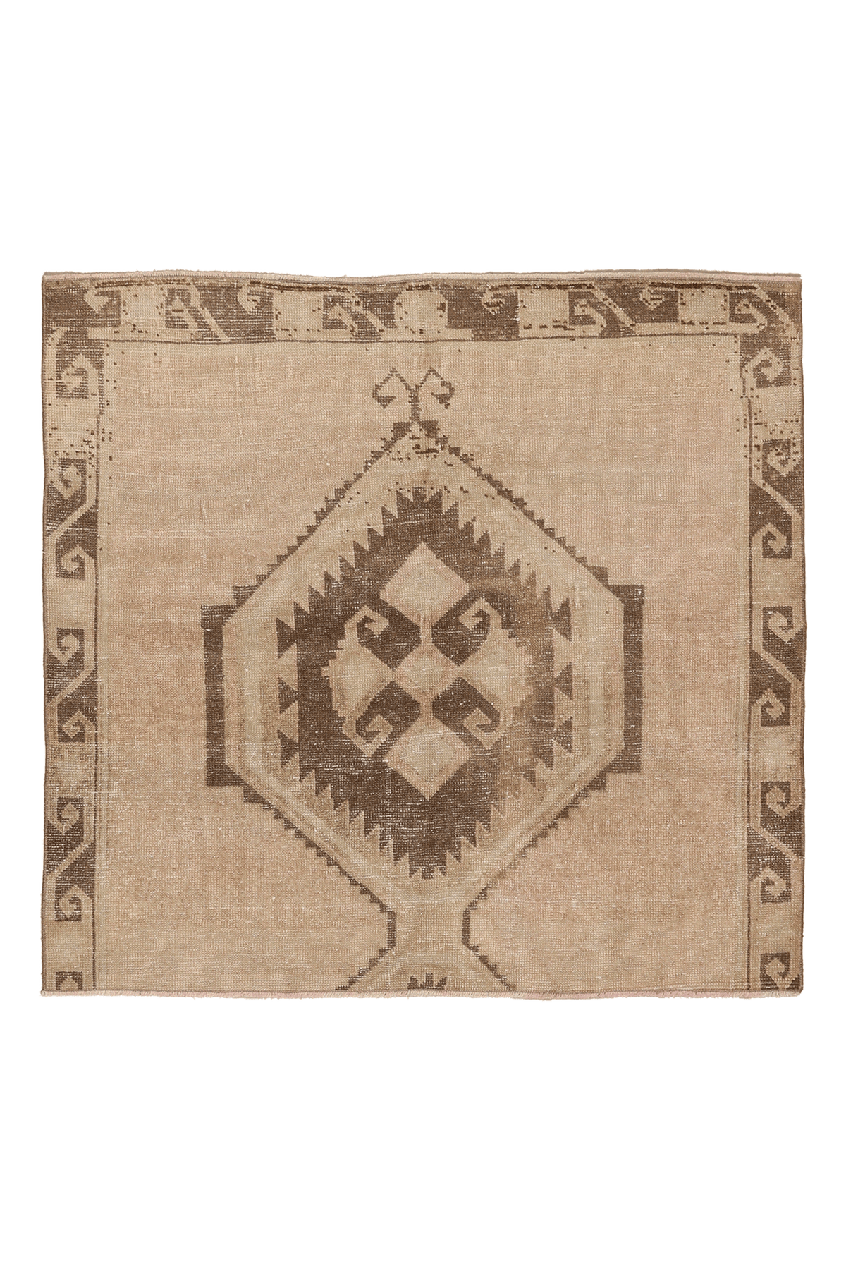 Vintage Malatya Turkish Doormat 4x4 ft — Beige & Brown Geometric