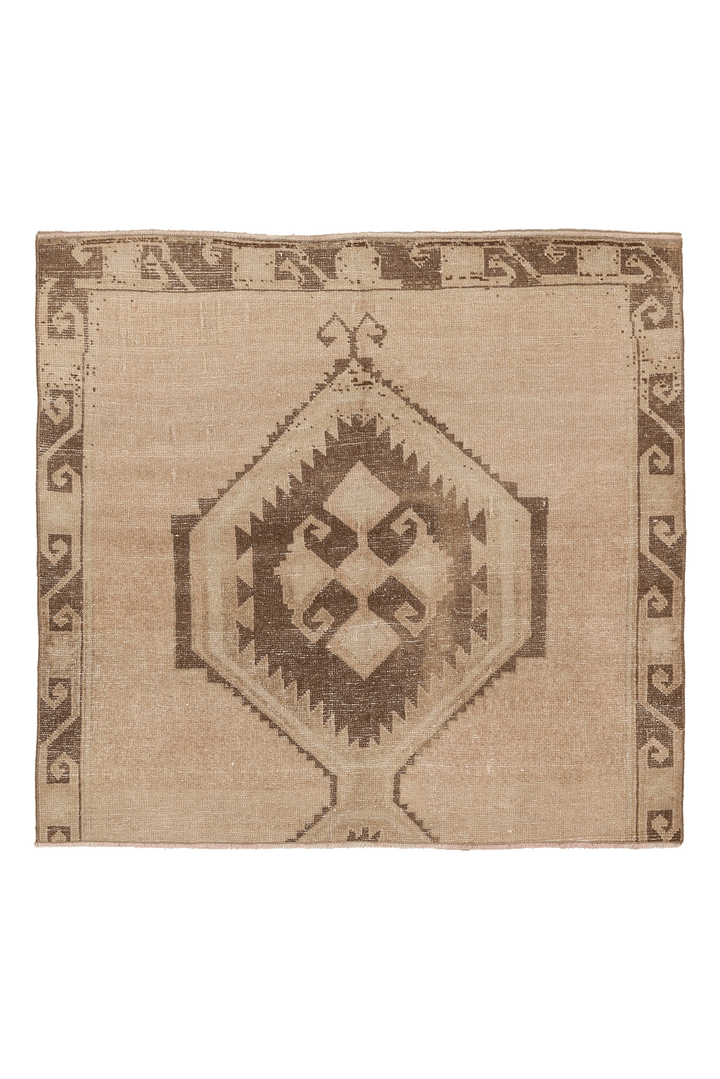 Vintage Malatya Turkish Doormat 4x4 ft — Beige & Brown Geometric