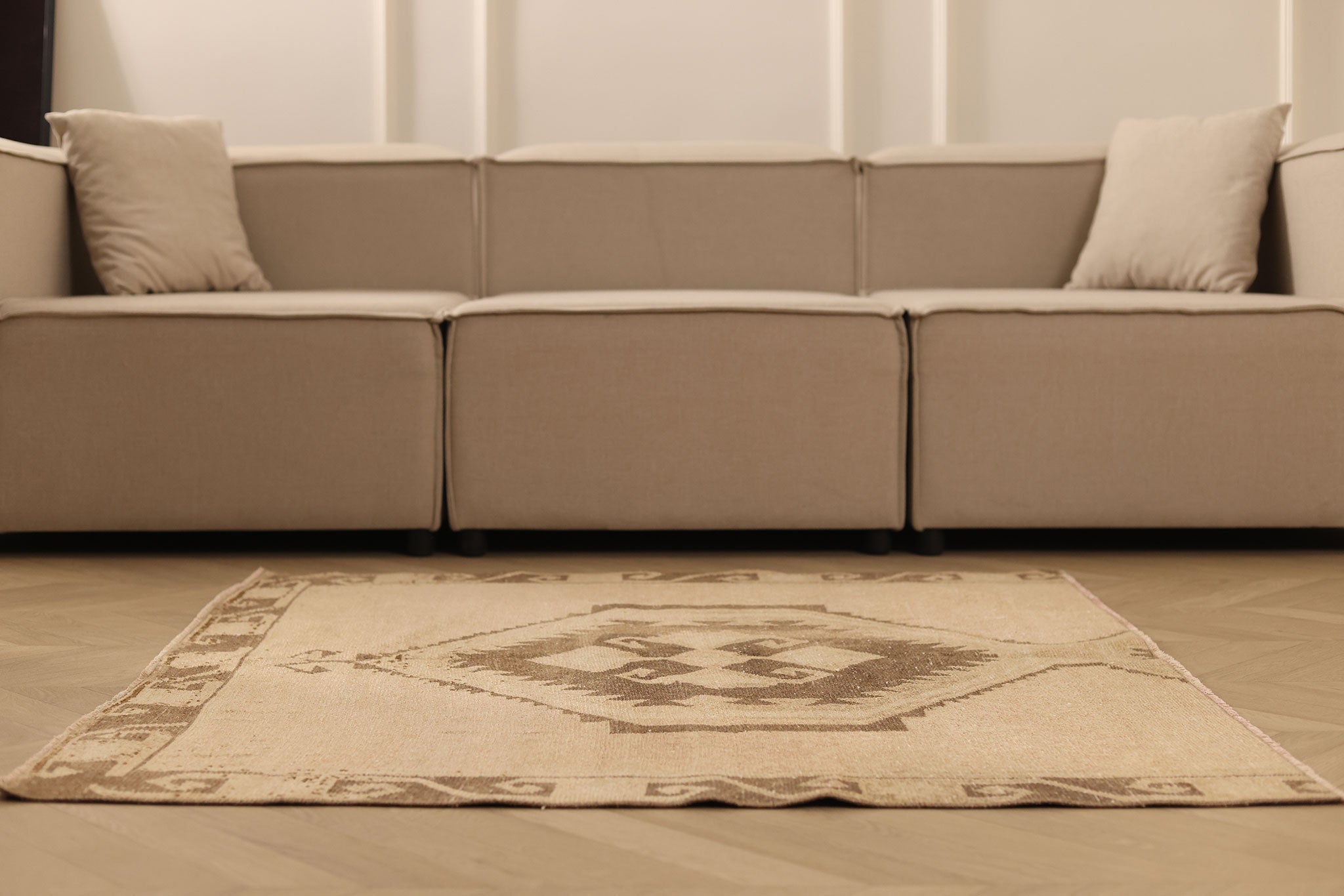 Vintage Malatya Turkish Doormat 4x4 ft — Beige & Brown Geometric