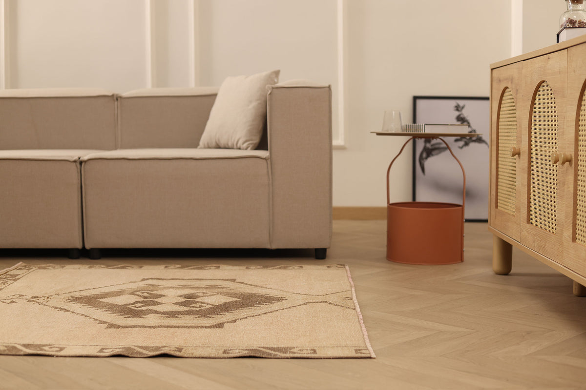 Vintage Malatya Turkish Doormat 4x4 ft — Beige & Brown Geometric