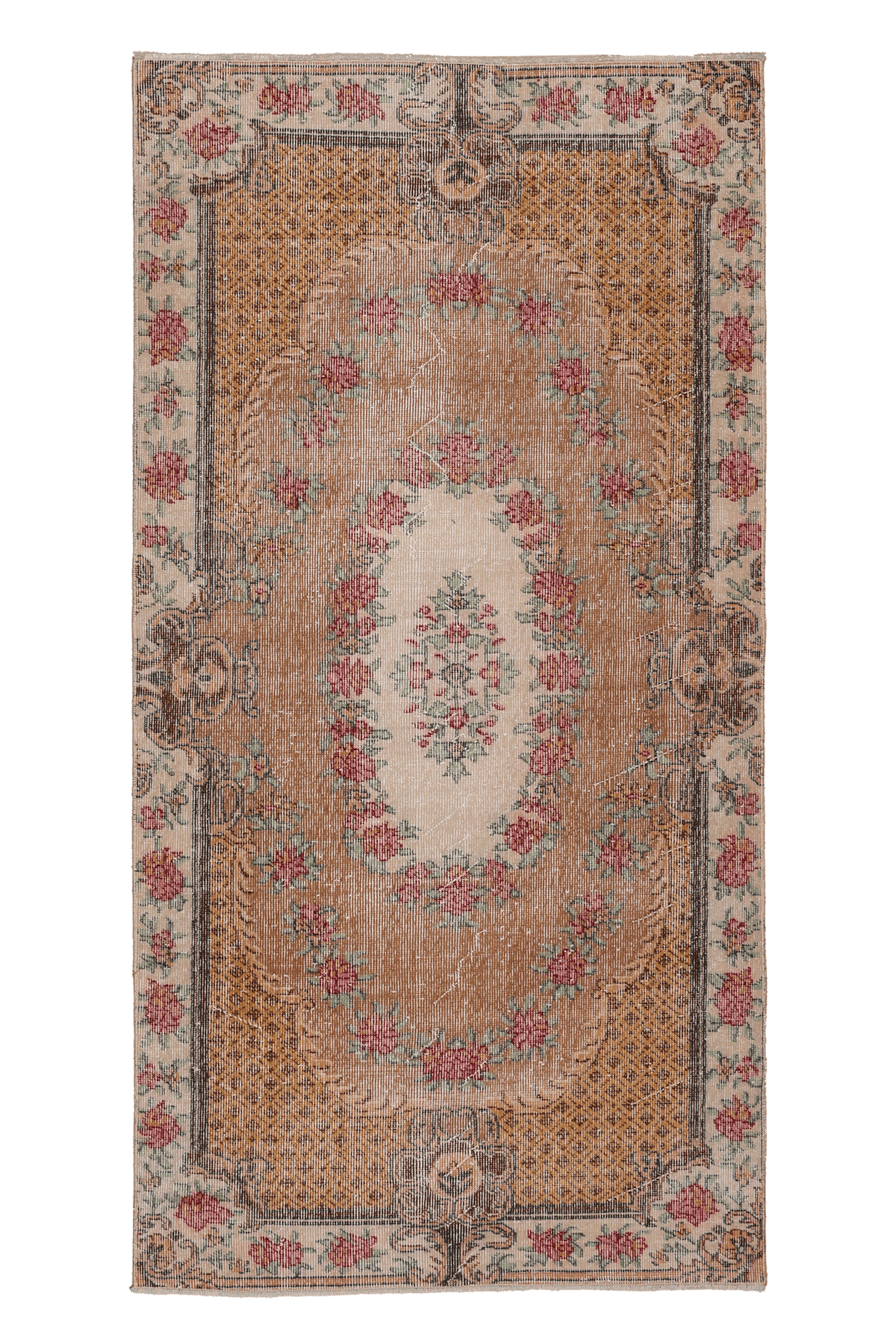 Vintage Isparta Turkish Area Rug 3x7 ft — Brown & Beige Floral