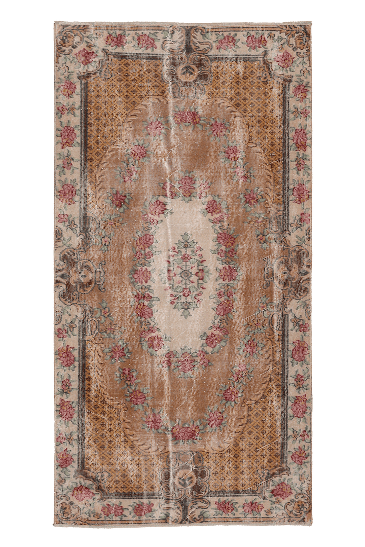 Vintage Isparta Turkish Area Rug 3x7 ft — Brown & Beige Floral