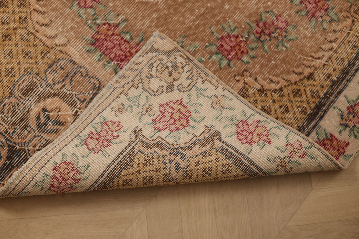 Vintage Isparta Turkish Area Rug 3x7 ft — Brown & Beige Floral