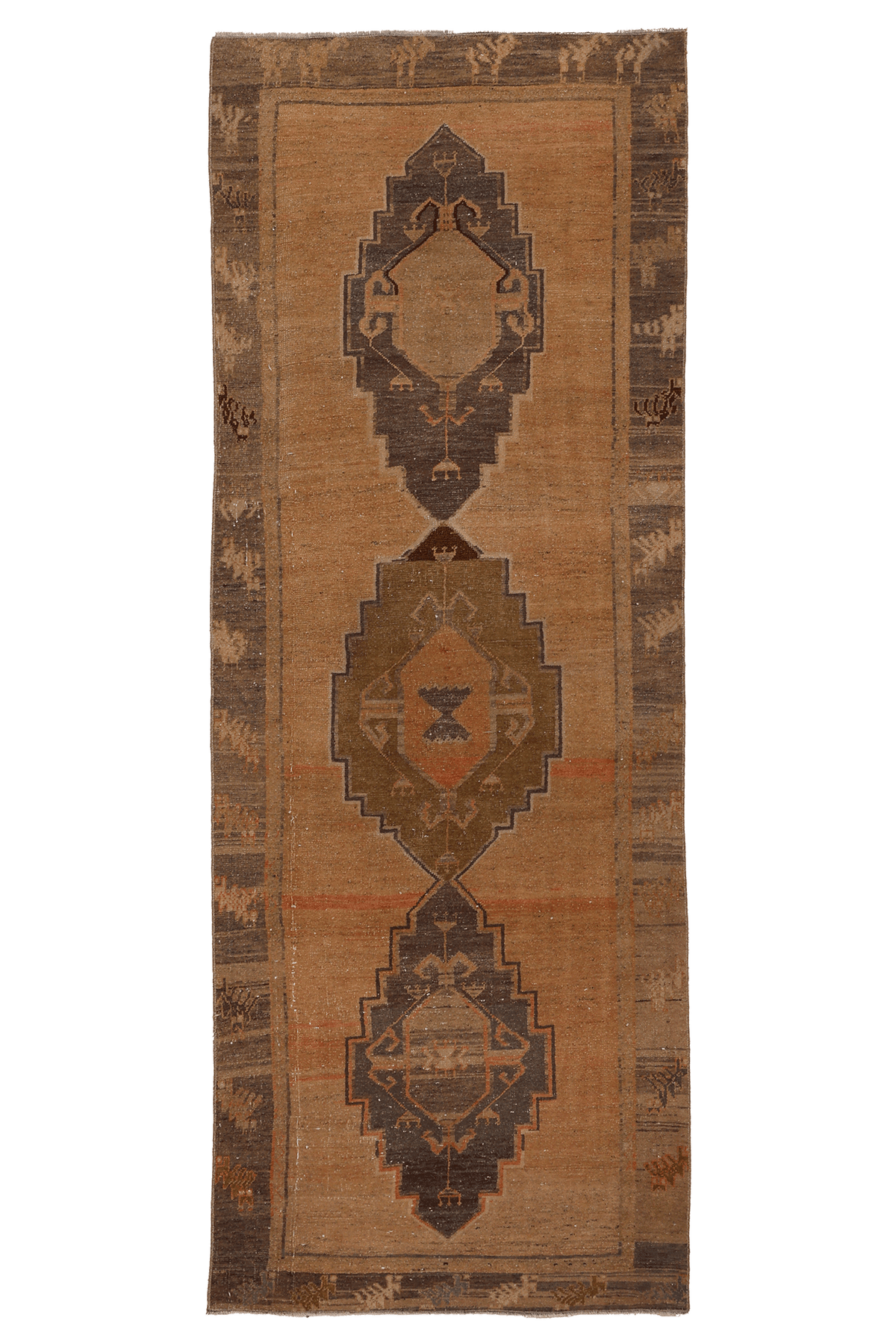 Vintage Sivas Turkish Runner Rug 3x8 ft — Beige & Brown Geometric