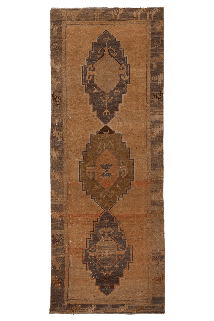 Vintage Sivas Turkish Runner Rug 3x8 ft — Beige & Brown Geometric