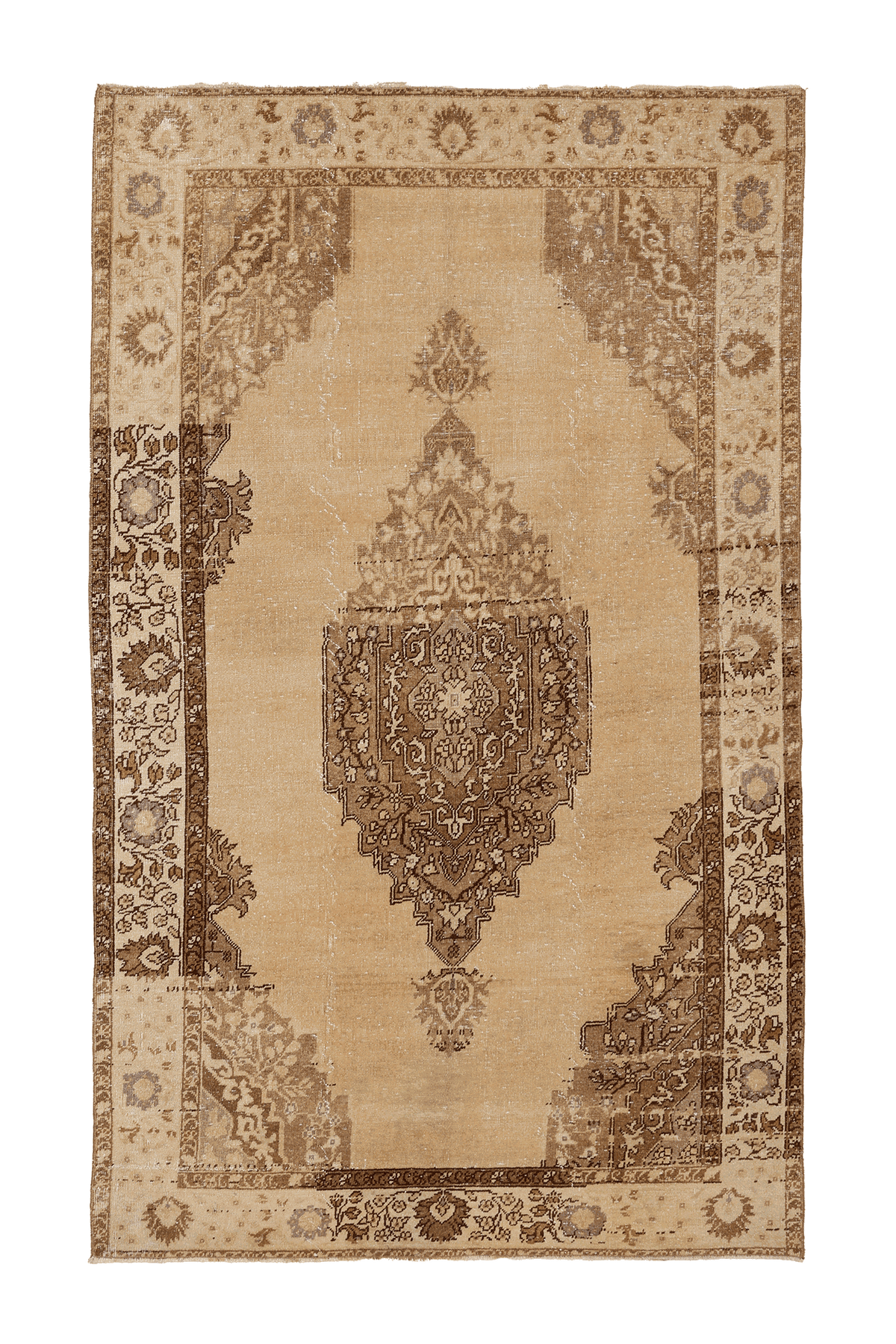Vintage Nevşehir Turkish Area Rug 5x8 ft — Beige & Brown Floral