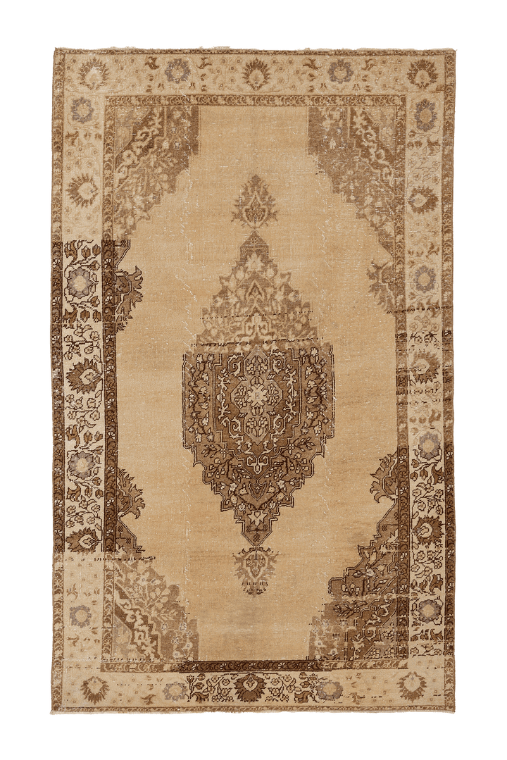 Vintage Nevşehir Turkish Area Rug 5x8 ft — Beige & Brown Floral