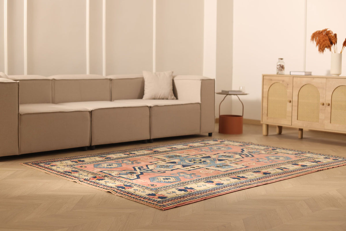 Vintage Niğde Turkish Area Rug 6x8 ft — Red & Blue Geometric