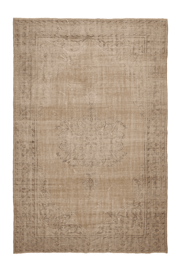 Vintage Manisa Turkish Area Rug 7x11 ft — Beige & Brown Floral