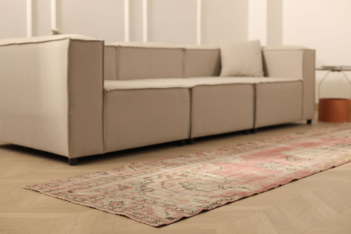 Vintage Manisa Turkish Runner Rug 2x11 ft — Pink Geometric