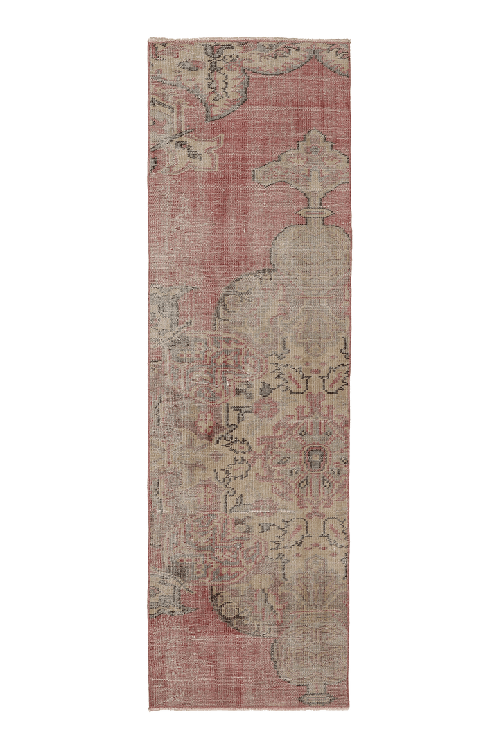 Vintage Manisa Turkish Runner Rug 2x7 ft — Pink & Beige Geometric