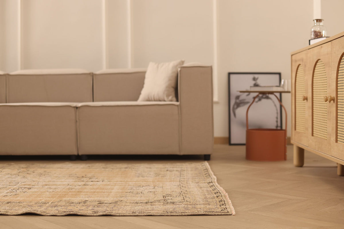 Vintage Manisa Turkish Area Rug 5x8 ft — Beige & Brown Floral