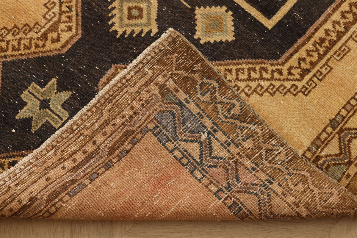 Vintage Malatya Turkish Runner Rug 4x14 ft — Beige & Brown Geometric