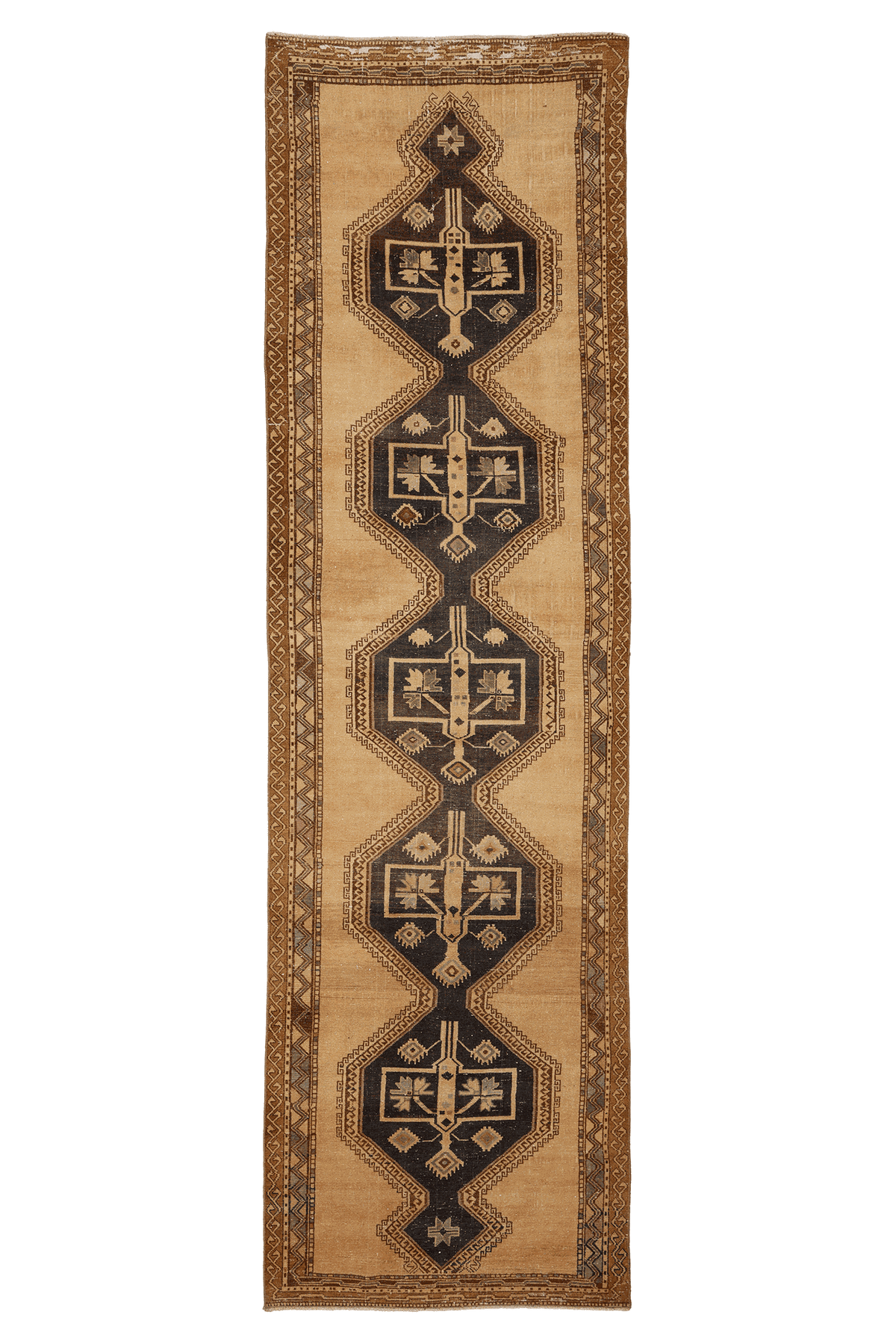 Vintage Malatya Turkish Runner Rug 4x14 ft — Beige & Brown Geometric